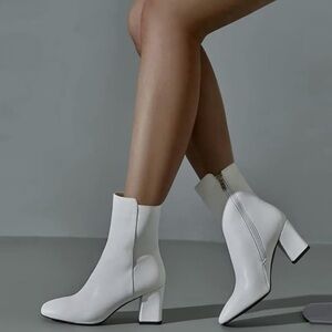 White Square-Toe Heeled Ankle Boots - 8.5